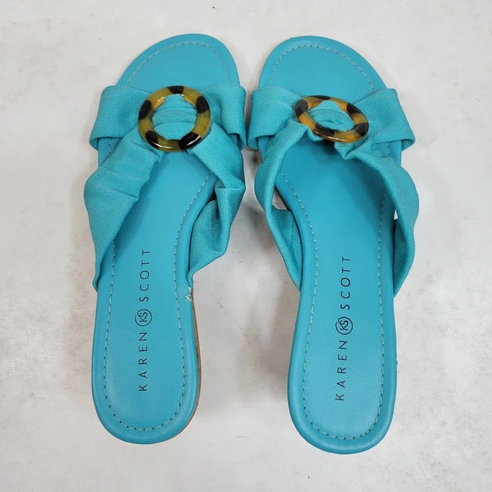Karen Scott Turquoise Slide Sandals Women's 6.5M Tortoise Buckle Flats Trendy‎